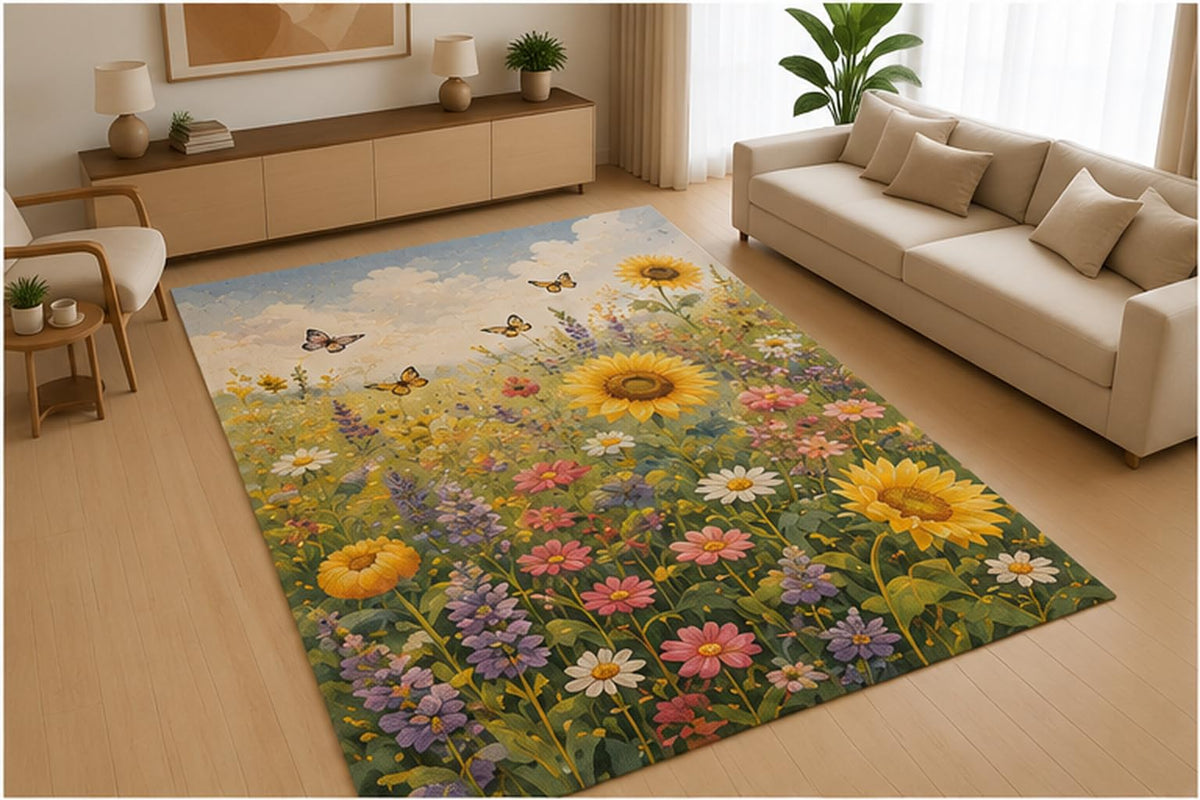 ICE ARMOR 5' x 7' Tropical Leaves and Floral Area Rug, Soft Low Pile Indoor Rug with Non-Slip Silicone Backing for Living Room, Bedroom, Office, Family Room, Green
