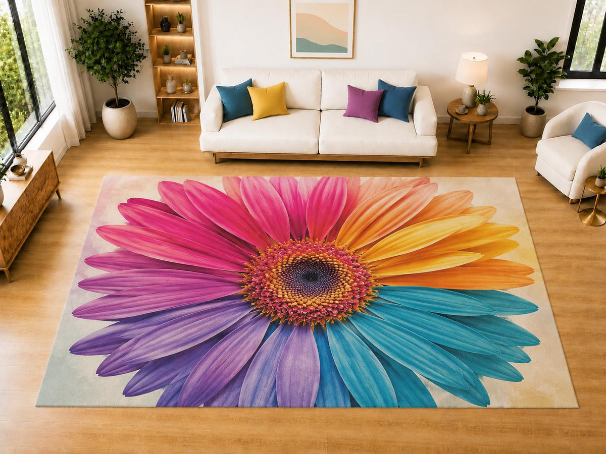 ICE ARMOR "Ultra Light Weight Large 6'7" x 9'10" Gerbera Daisy Area Rug for Living Room Bedroom Dining Room, Soft Low Pile Non-Slip Backing, Pink Orange Teal Purple Floral Decor