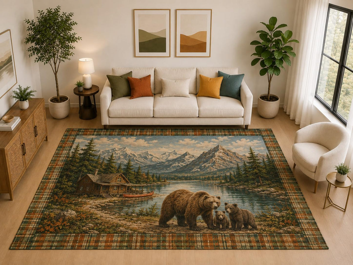 ICE ARMOR "Ultra Light Weight Large 6'7" x 9'10" Bear Family Cabin Rug, Soft Low Pile Indoor Rug, Non-Slip Silicone Backing for Family Room Brown