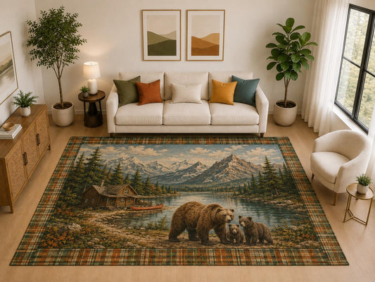ICE ARMOR "Ultra Light Weight Large 6'7" x 9'10" Bear Family Cabin Rug, Soft Low Pile Indoor Rug, Non-Slip Silicone Backing for Family Room Brown