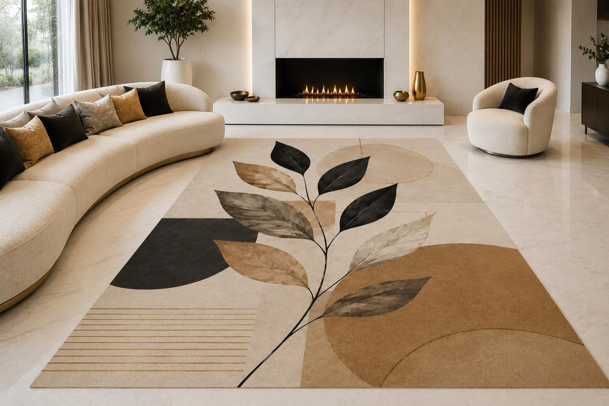ICE ARMOR "Ultra Lightweight Large 6'7" x 9'10" Botanical Geometry Area Rug for Living Room, Bedroom and Home Office, Soft Low Pile Carpet with Non-Slip Silicone Backing, Beige and Black