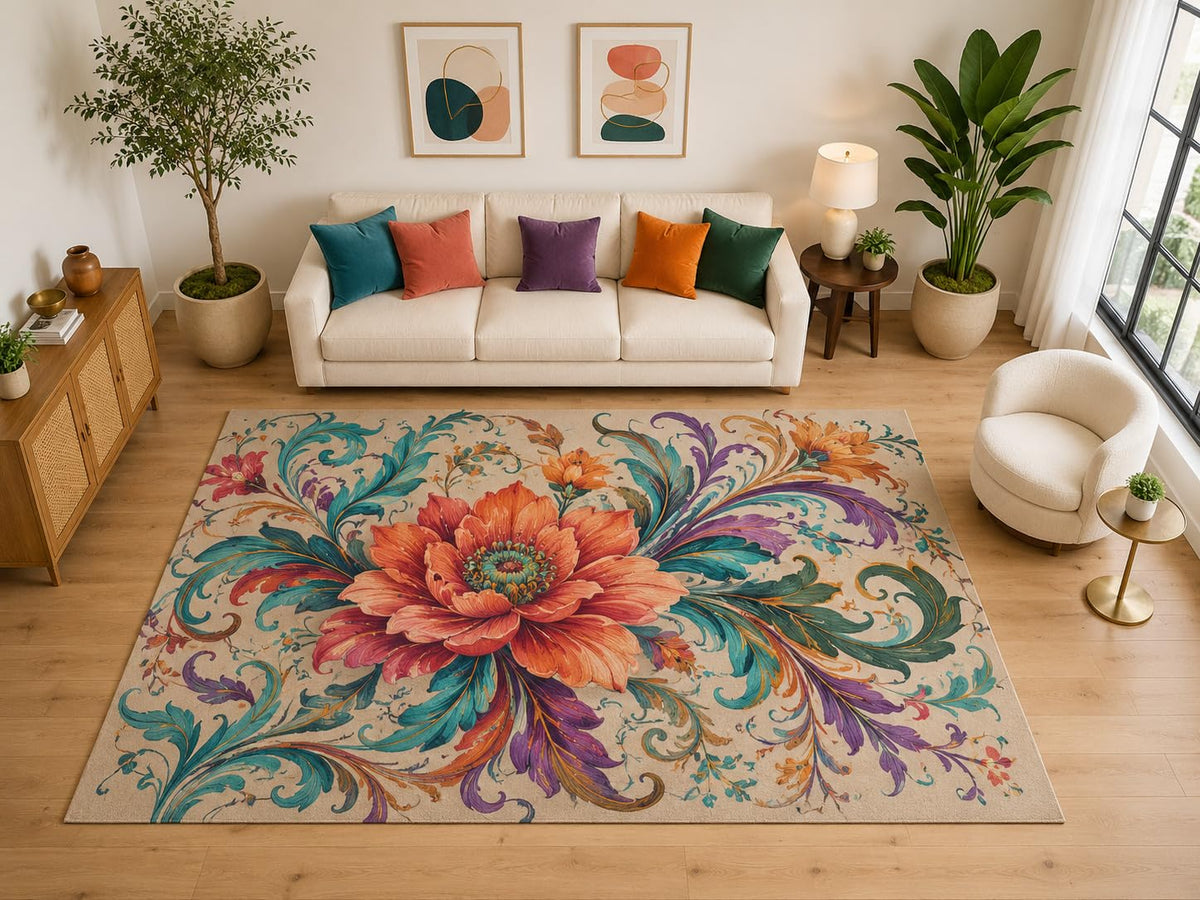 ICE ARMOR "Ultra Light Weight Large 6'7" x 9'10" Large Peony Floral Rug, Soft Low Pile Indoor Rug, Non-Slip Silicone Backing for Living Room Beige