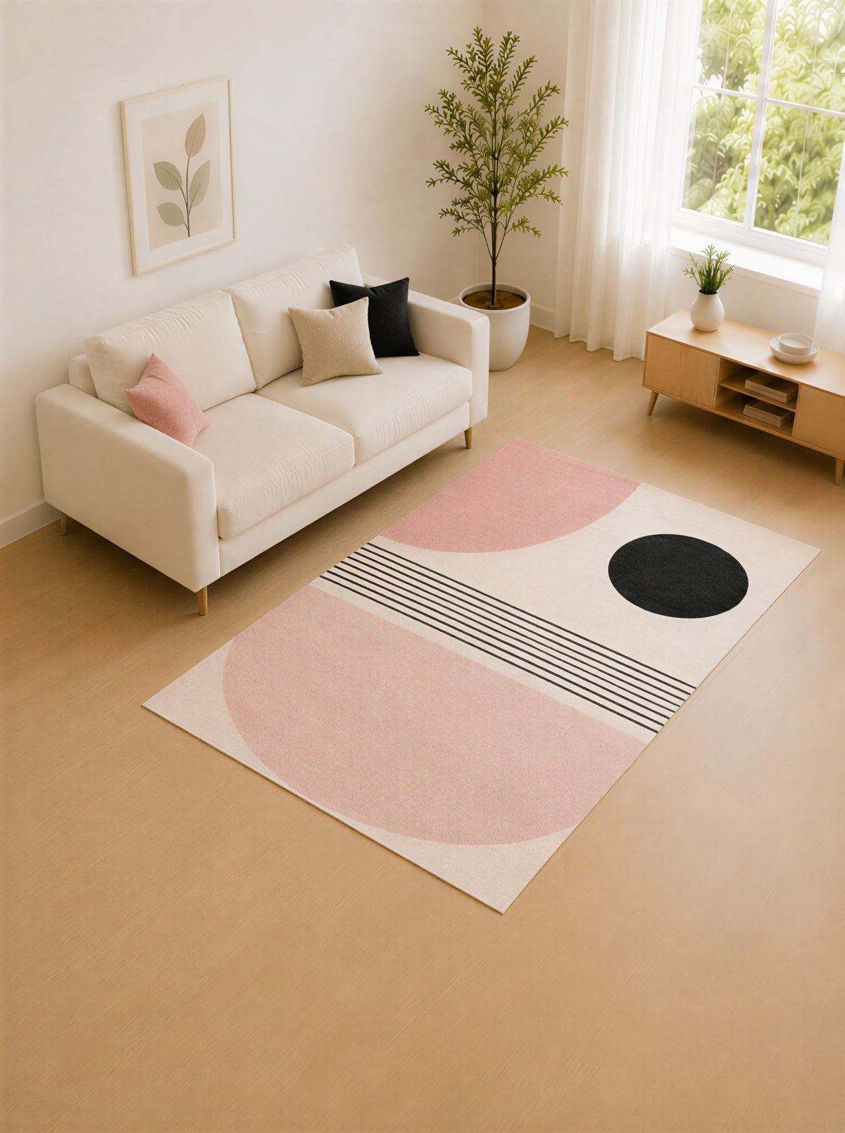 ICE ARMOR "Ultra Lightweight 5' x 7' Blush and Charcoal Circle Stripe Area Rug for Living Room, Bedroom and Home Office, Soft Low Pile Carpet with Non-Slip Silicone Backing