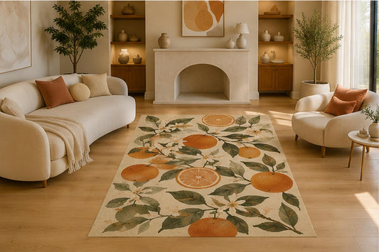 ICE ARMOR 5' x 7' Orange Blossom Citrus Area Rug for Living Room, Soft Low Pile Indoor Rug with Non-Slip Silicone Backing, Decorative Carpet for Bedroom, Kitchen, Dining Room & Office, Ivory