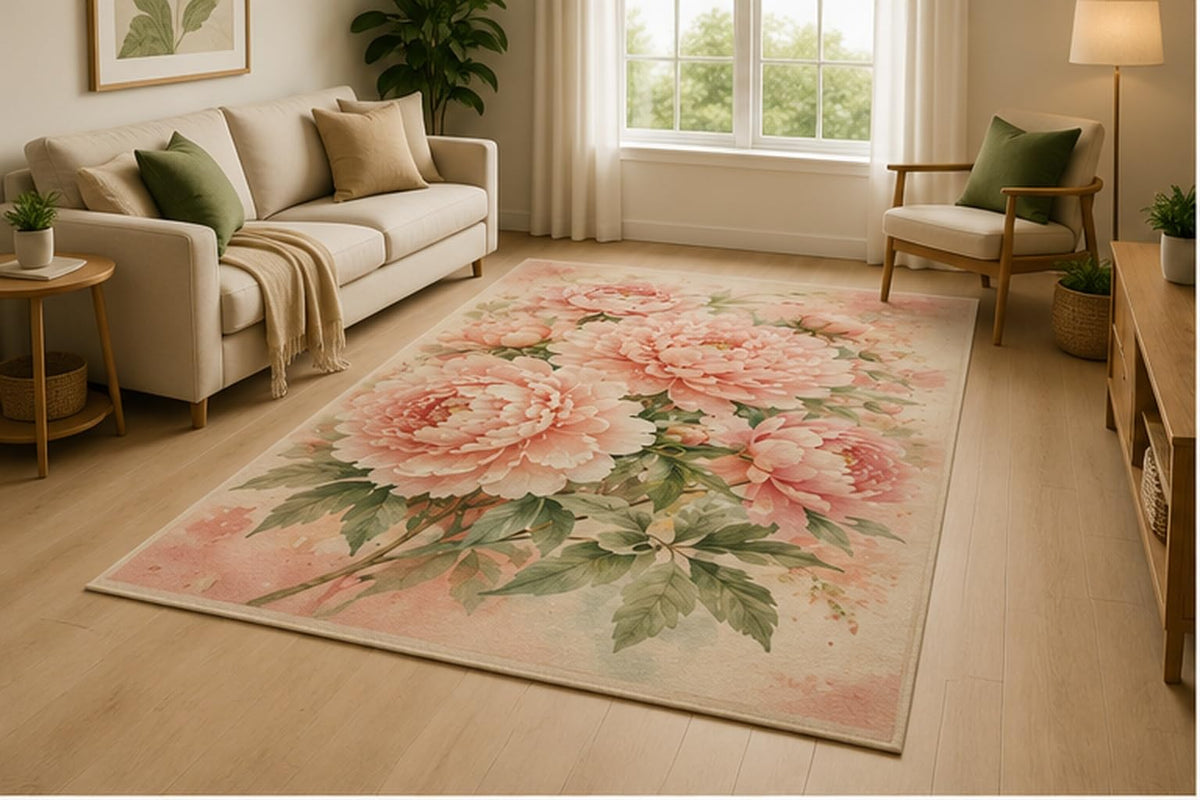 ICE ARMOR 5' x 7' Pastel Peony Bouquet Area Rug for Living Room, Soft Low Pile Indoor Rug with Non-Slip Silicone Backing, Bedroom, Nursery, Kids & Pets, Cream Pink