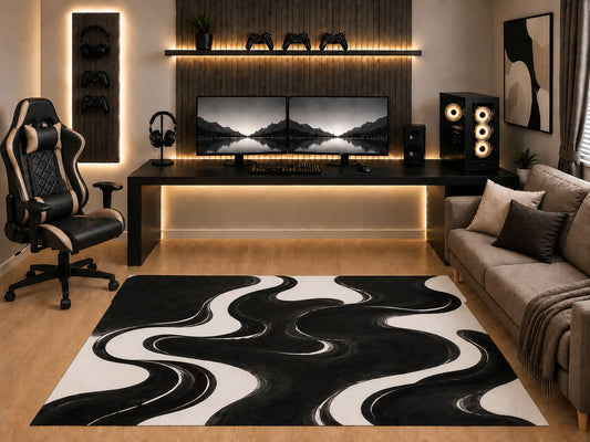 ICE ARMOR "Ultra Light Weight 5' x 7' Black White Liquid Marble Area Rug Modern Abstract Fluid Swirl Art for Gaming Room Bedroom Living Room Non-Slip Silicone Backing Low Pile