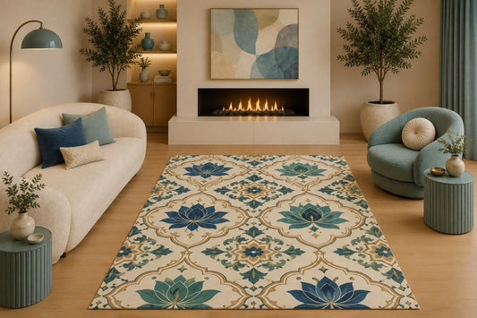 ICE ARMOR 5' x 7' Vintage Blue Lotus Medallion Area Rug Bohemian Moroccan Floral Tile Pattern for Living Room Bedroom Dining Room Office Non-Slip Silicone Backing Low Pile