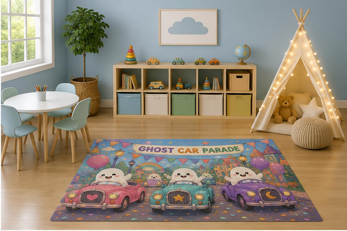 ICE ARMOR 5' x 7' Ghost Car Parade Kids Area Rug, Cute Halloween Ghost Classic Cars Festival Cartoon Playroom Nursery Bedroom Decor, Non-Slip Silicone Backing Low Pile