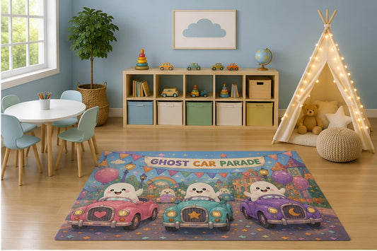 ICE ARMOR 5' x 7' Ghost Car Parade Kids Area Rug, Cute Halloween Ghost Classic Cars Festival Cartoon Playroom Nursery Bedroom Decor, Non-Slip Silicone Backing Low Pile