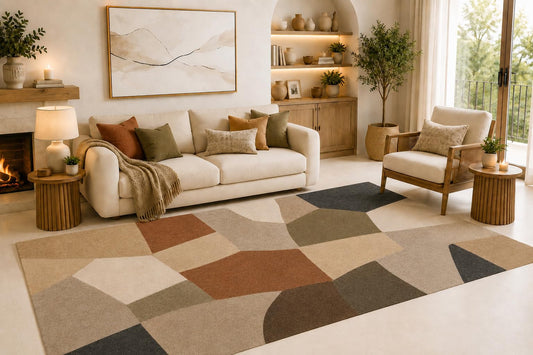 ICE ARMOR Large 6'7" x 9'10" Earth Tone Mosaic Area Rug for Living Room, Soft Low Pile Indoor Rug with Non-Slip Silicone Backing, Large Decorative Carpet for Bedroom and Office, Multicolored