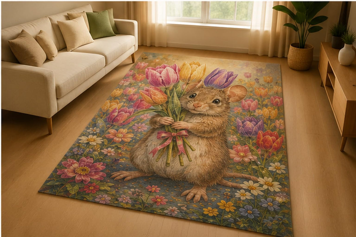 ICE ARMOR 5' x 7' Mouse Tulip Bouquet Area Rug for Living Room, Soft Low Pile Indoor Rug with Non-Slip Silicone Backing, Cute Floral Decor for Bedroom, Nursery, Kids Room, Playroom, Kids & Pets