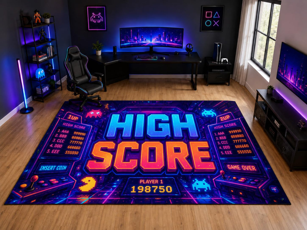 ICE ARMOR "Ultra Light Weight Large 6'7" x 9'10" High Score Arcade Rug, Soft Low Pile Indoor Rug, Non-Slip Silicone Backing for Kids Room Purple