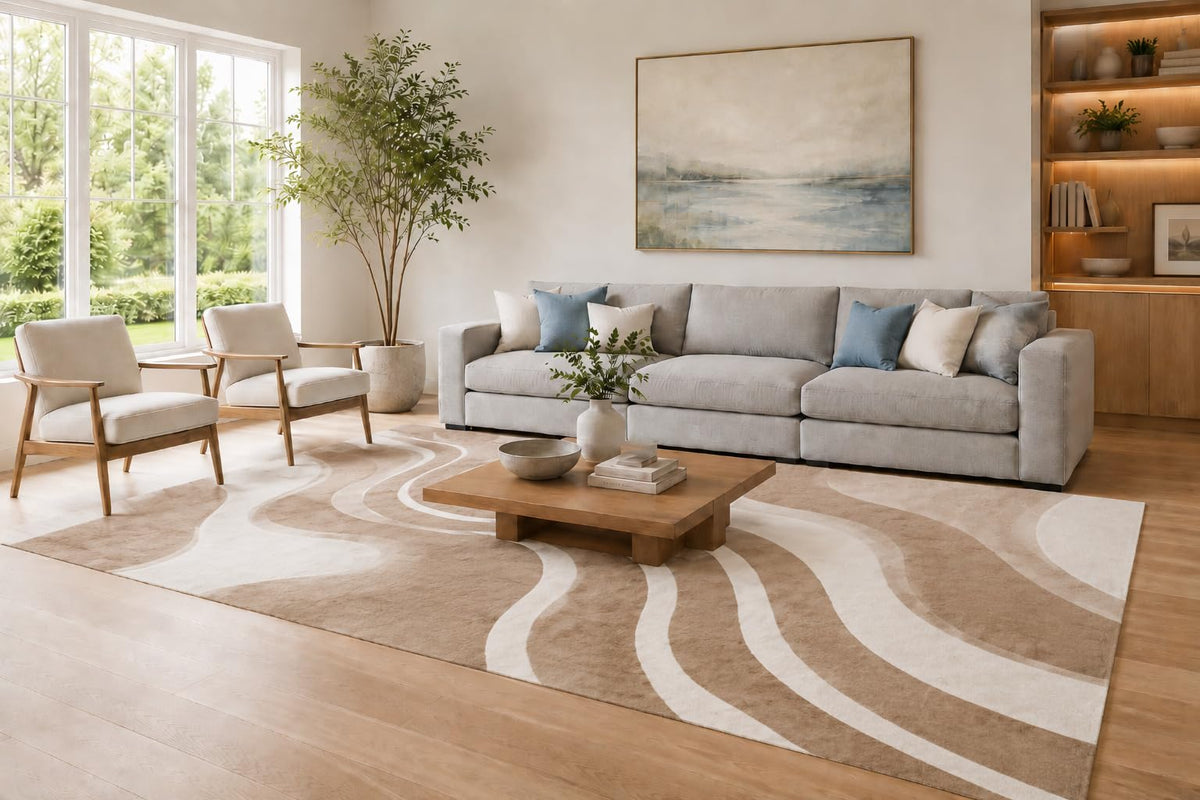 ICE ARMOR Large 6'7" x 9'10" Beige and Ivory Contemporary Zebra Waves Area Rug for Living Room, Soft Low Pile Carpet with Non-Slip Silicone Backing, Decor for Bedroom and Home Office