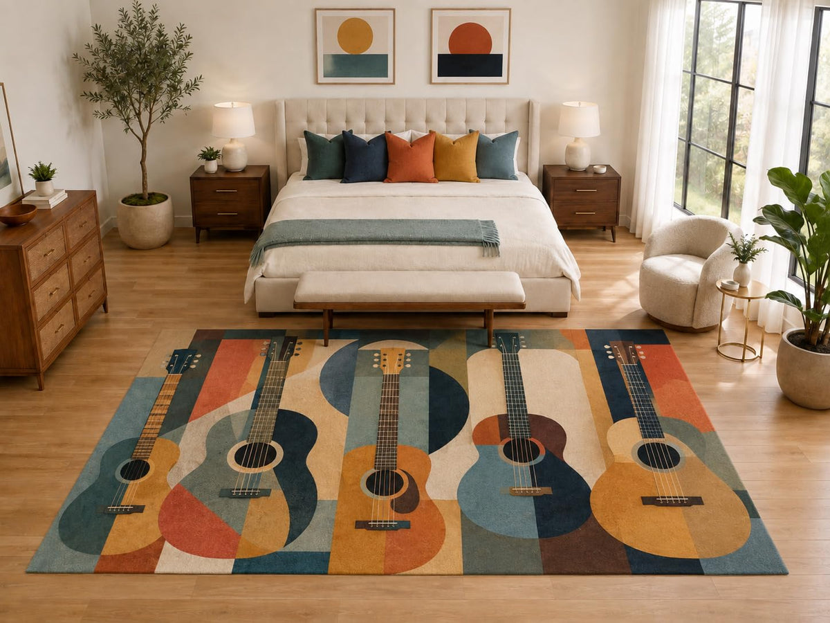 ICE ARMOR "Ultra Light Weight Large 6'7" x 9'10" Five Guitar Music Rug, Soft Low Pile Indoor Rug, Non-Slip Silicone Backing for Family Room Teal