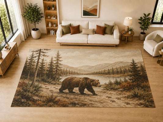 ICE ARMOR "Ultra Light Weight Large 6'7" x 9'10" Bear Lake Forest Decor, Living Room, Bedroom, Dining Room, Office, Family Room, Soft Low Pile Indoor Rug, Non-Slip Silicone Backing, Brown