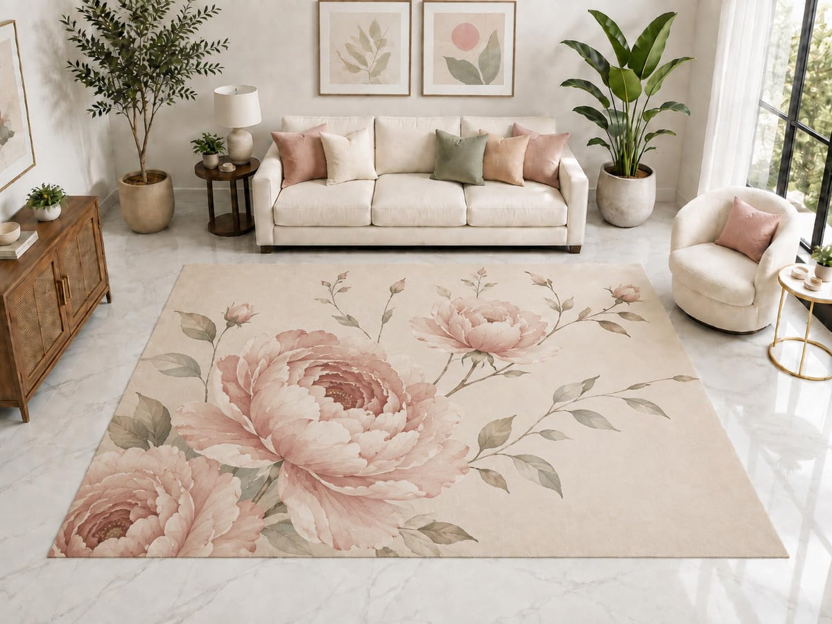 ICE ARMOR "Ultra Light Weight Large 6'7" x 9'10" Blush Peony Garden Rug, Soft Low Pile Indoor Rug, Non-Slip Silicone Backing for Bedroom Pink Cream