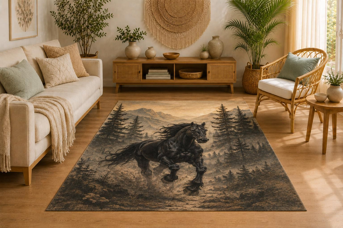 ICE ARMOR 5' x 7' Majestic Black Horse Area Rug, Mountain Forest Wildlife Design, Soft Low Pile Rug with Non-Slip Silicone Backing for Living Room, Bedroom, Office