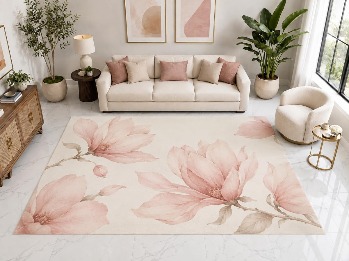 ICE ARMOR "Ultra Light Weight Large 6'7" x 9'10" Pink Magnolia Floral Rug, Soft Low Pile Indoor Rug, Non-Slip Silicone Backing for Bedroom Pink Cream