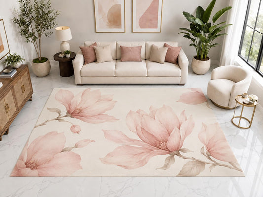 ICE ARMOR "Ultra Light Weight Large 6'7" x 9'10" Pink Magnolia Floral Rug, Soft Low Pile Indoor Rug, Non-Slip Silicone Backing for Bedroom Pink Cream