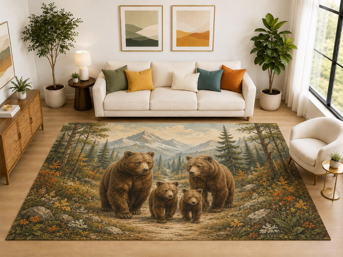 ICE ARMOR "Ultra Light Weight Large 6'7" x 9'10" Bear Family Mountain Rug, Soft Low Pile Indoor Rug, Non-Slip Silicone Backing for Family Room Brown