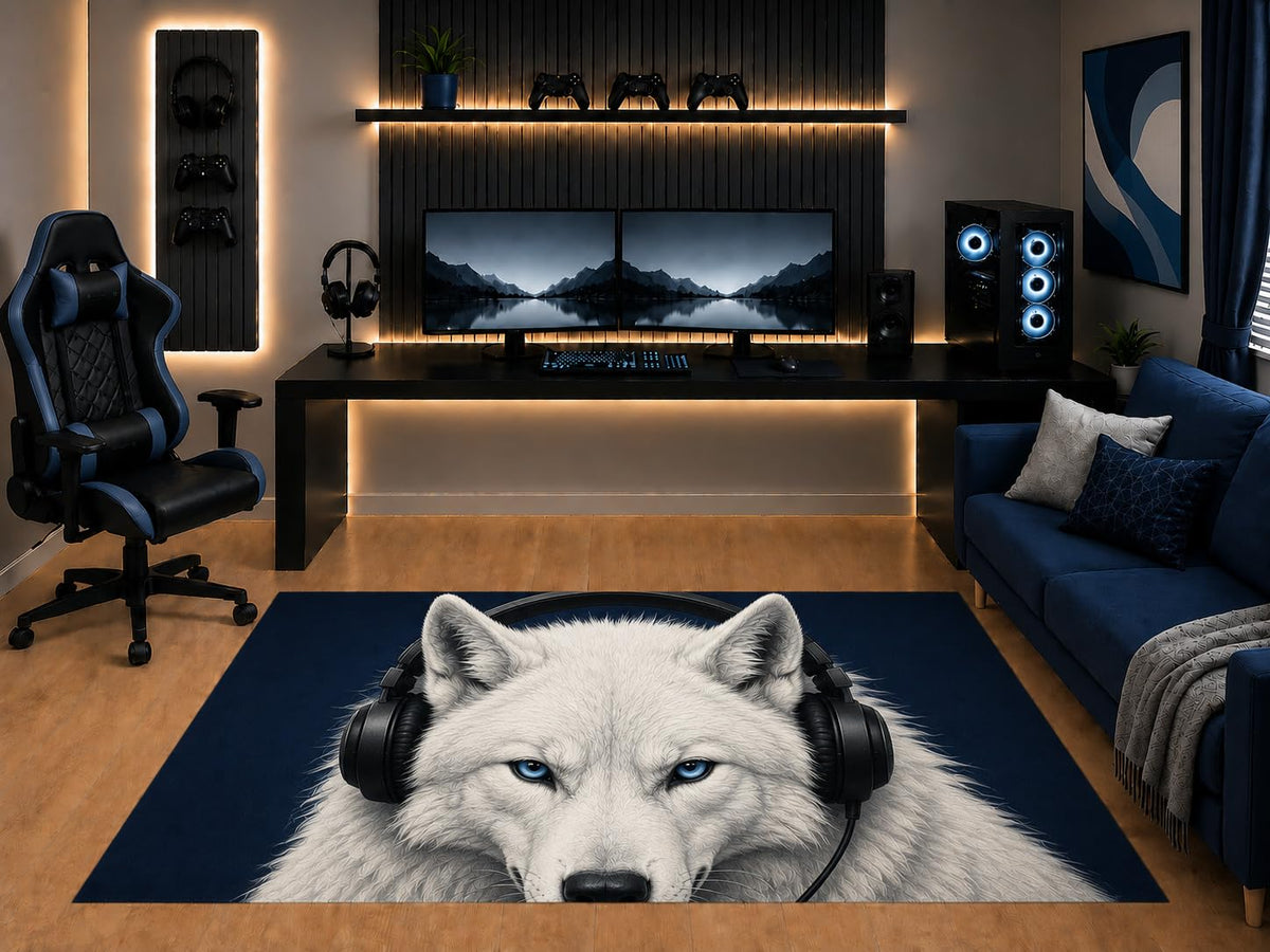 ICE ARMOR "Ultra Light Weight 5' x 7' White Wolf Blue Eyes Headphones Area Rug Realistic Gamer Animal Art for Gaming Room Bedroom Living Room Non-Slip Silicone Backing Low Pile