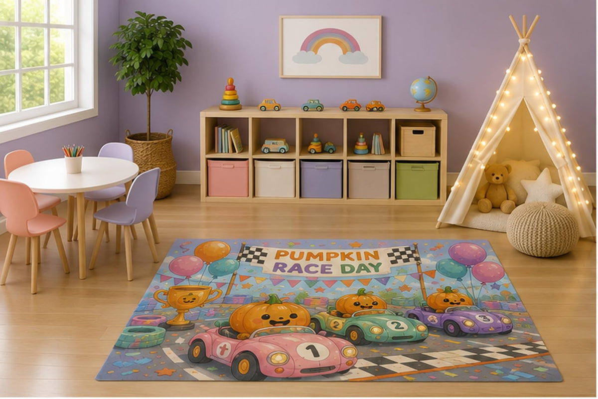 ICE ARMOR 5' x 7' Pumpkin Race Day Kids Area Rug, Cute Halloween Pumpkin Race Cars Racing Cartoon Playroom Nursery Bedroom Decor, Non-Slip Silicone Backing Low Pile
