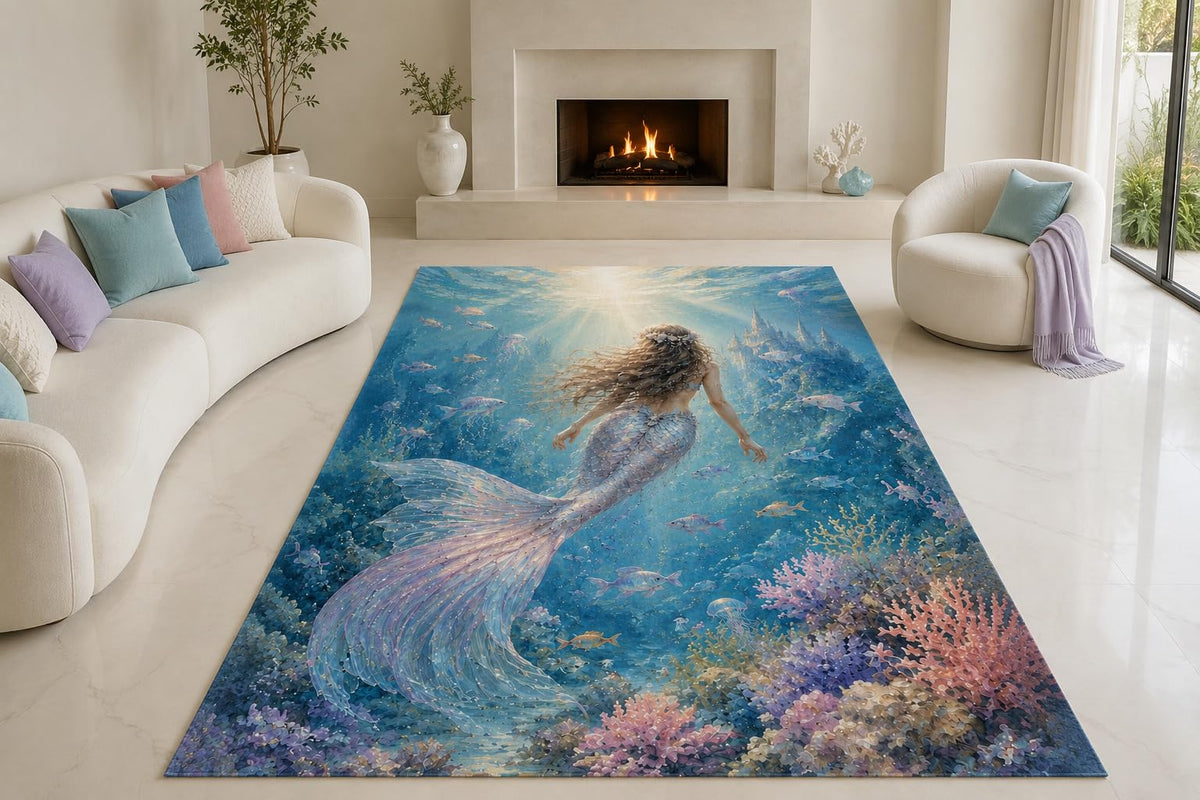 ICE ARMOR "Ultra Lightweight Large 6'7" x 9'10" Swimming Mermaid Reef Area Rug for Living Room, Bedroom and Home Office, Soft Low Pile Carpet with Non-Slip Silicone Backing, Blue and Purple
