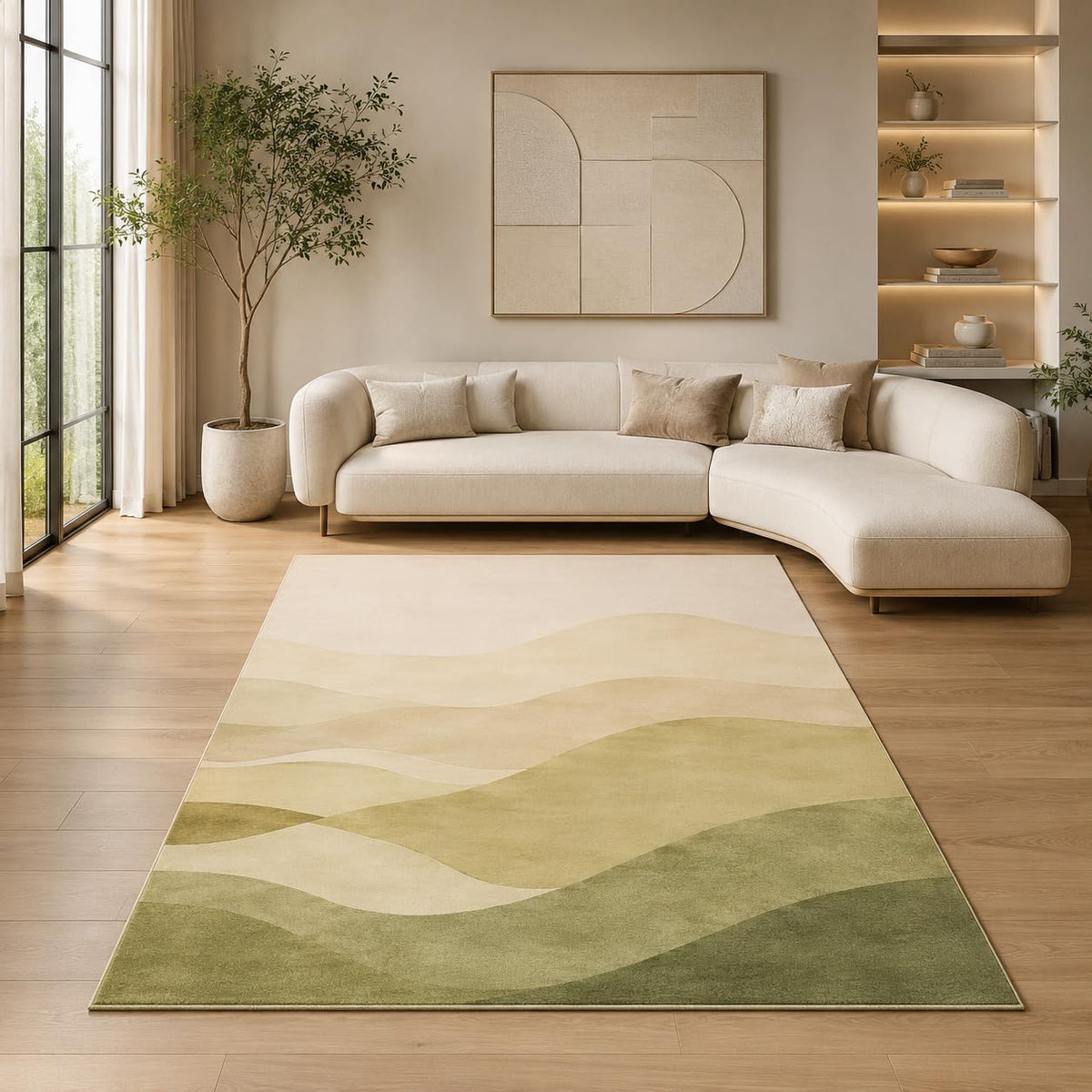 ICE ARMOR 5' x 7' Layered Rolling Hills Area Rug for Living Room, Soft Low Pile Indoor Rug with Non-Slip Silicone Backing, Decorative Carpet for Bedroom, Family Room, Sage Green