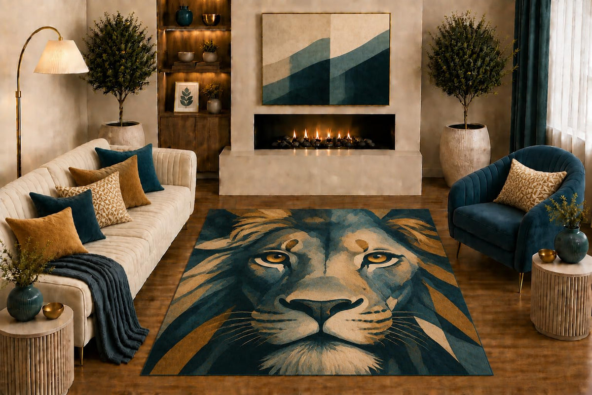 ICE ARMOR "Ultra Light Weight 5' x 7' Lion Area Rug Modern Geometric Wildlife Portrait Art Teal Gold Beige for Living Room Bedroom Office Cabin Decor Non-Slip Silicone Backing Low Pile