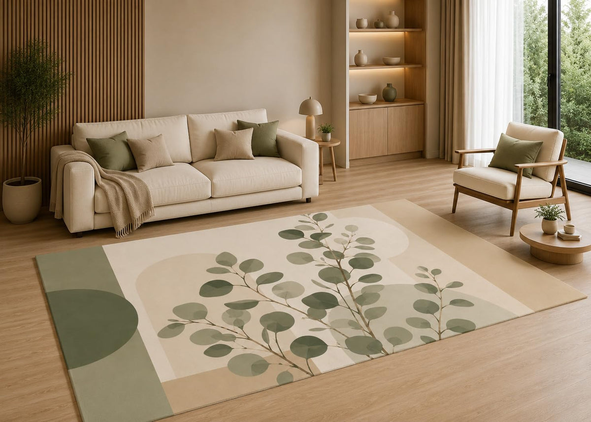 ICE ARMOR 5' x 7' Minimalist Eucalyptus Botanical Area Rug with Non-Slip Silicone Backing Low Pile Soft Carpet for Living Room Bedroom Sage Green Decor