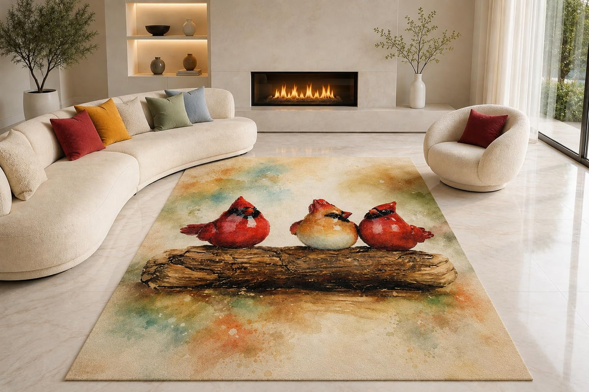 ICE ARMOR "Ultra Lightweight Large 6'7" x 9'10" Cardinal Bird Trio Area Rug for Living Room, Bedroom and Home Office, Soft Low Pile Carpet with Non-Slip Silicone Backing, Red and Beige