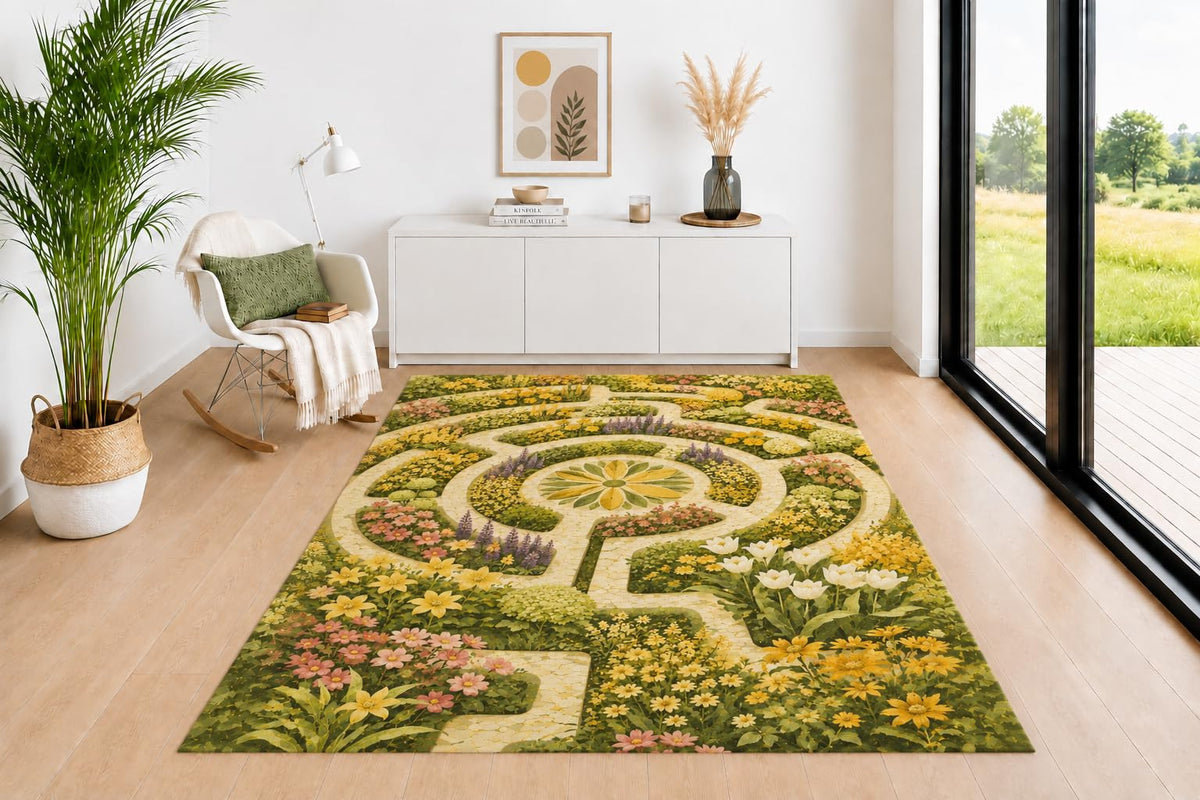ICE ARMOR 5' x 7' Formal Garden Maze Area Rug for Living Room, Soft Low Pile Indoor Rug with Non-Slip Backing, Carpet for Bedroom, Dining Room, Office, Green Yellow