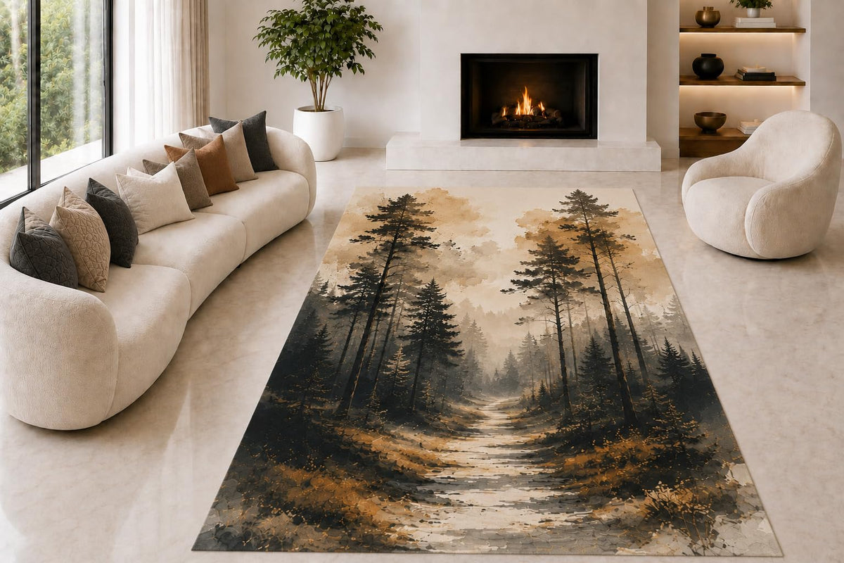 ICE ARMOR "Ultra Lightweight Large 6'7" x 9'10" Evergreen Forest Trail Area Rug for Living Room, Bedroom and Home Office, Soft Low Pile Carpet with Non-Slip Silicone Backing, Brown and Sage