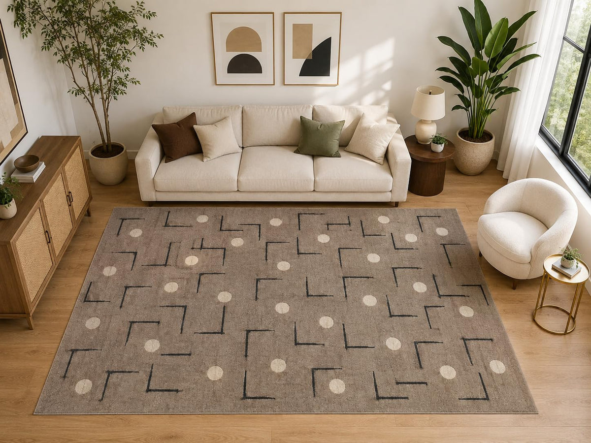ICE ARMOR Large 6'7" x 9'10" Scattered Corner Dot Area Rug for for Bedroom, Living Room, Soft Low Pile Indoor Rug with Non-Slip Silicone Backing, Taupe Black Ivory