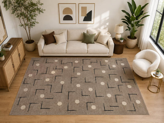 ICE ARMOR Large 6'7" x 9'10" Scattered Corner Dot Area Rug for for Bedroom, Living Room, Soft Low Pile Indoor Rug with Non-Slip Silicone Backing, Taupe Black Ivory