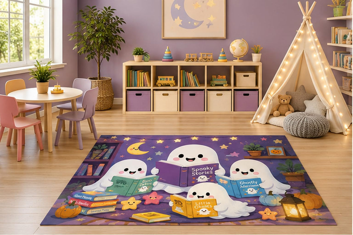 ICE ARMOR 5' x 7' Ghost Book Club Halloween Kids Area Rug, Cute Spooky Library Cartoon Nursery Playroom Bedroom Reading Corner Decor, Non-Slip Silicone Backing Low Pile