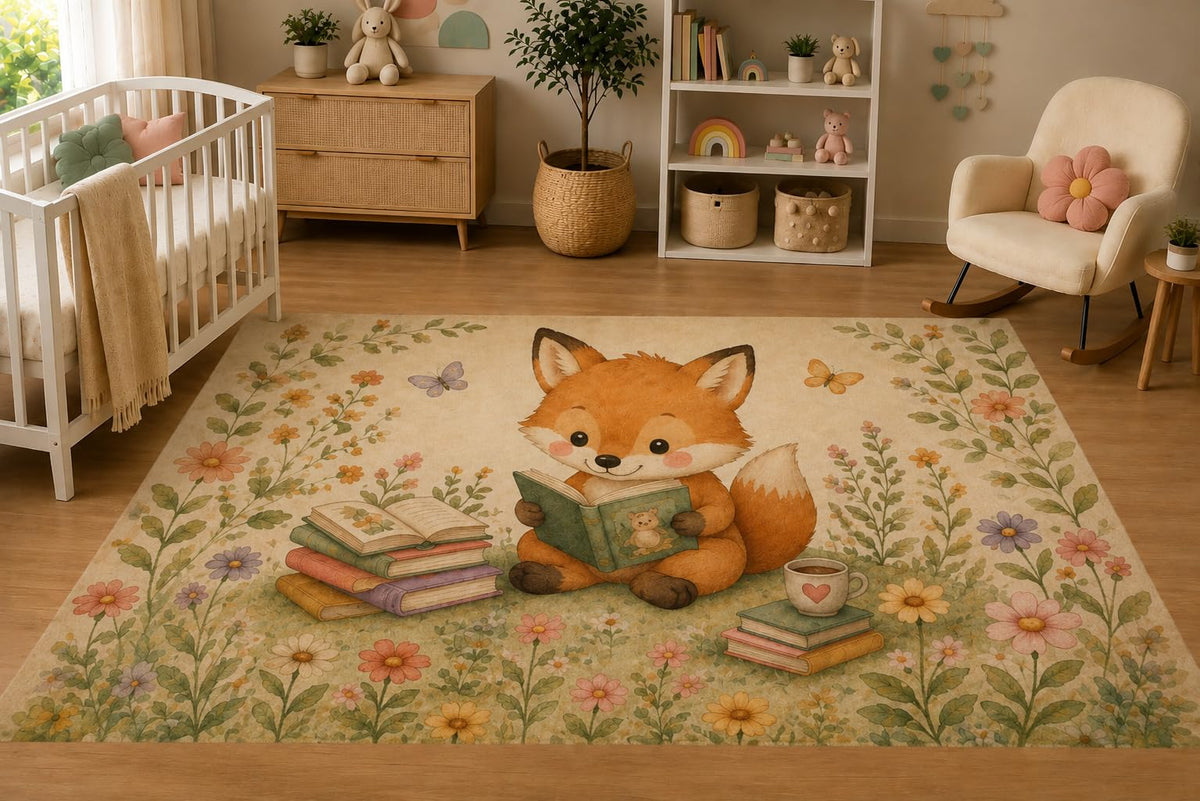 ICE ARMOR 5' x 7' Baby Fox Reading Books Area Rug for Nursery, Soft Low Pile Indoor Rug with Non-Slip Silicone Backing, Kids Room, Playroom, Kids & Pets, Beige Pastel