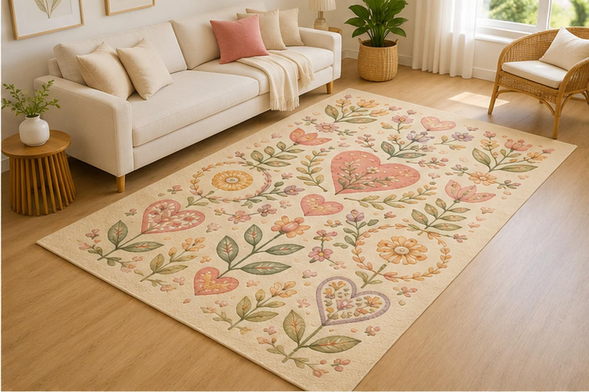 ICE ARMOR 5' x 7' Botanical Heart Motif Area Rug for Living Room, Soft Low Pile Indoor Rug with Non-Slip Silicone Backing, Decorative Carpet for Bedroom, Nursery, Kids Room, Kids & Pets, Cream
