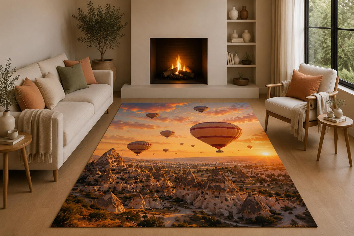 ICE ARMOR 5' x 7' Hot Air Balloon Landscape Area Rug with Non-Slip Silicone Backing Low Pile Soft Carpet for Living Room Bedroom Sunset Travel Scenic Decor