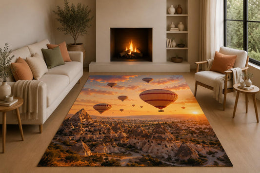 ICE ARMOR 5' x 7' Hot Air Balloon Landscape Area Rug with Non-Slip Silicone Backing Low Pile Soft Carpet for Living Room Bedroom Sunset Travel Scenic Decor