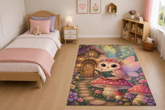 ICE ARMOR "Ultra Light Weight 5' x 7' Fairy Owl Storybook Area Rug for Living Room, Bedroom and Home Office, Soft Low Pile Carpet with Non-Slip Silicone Backing, Pink and Purple