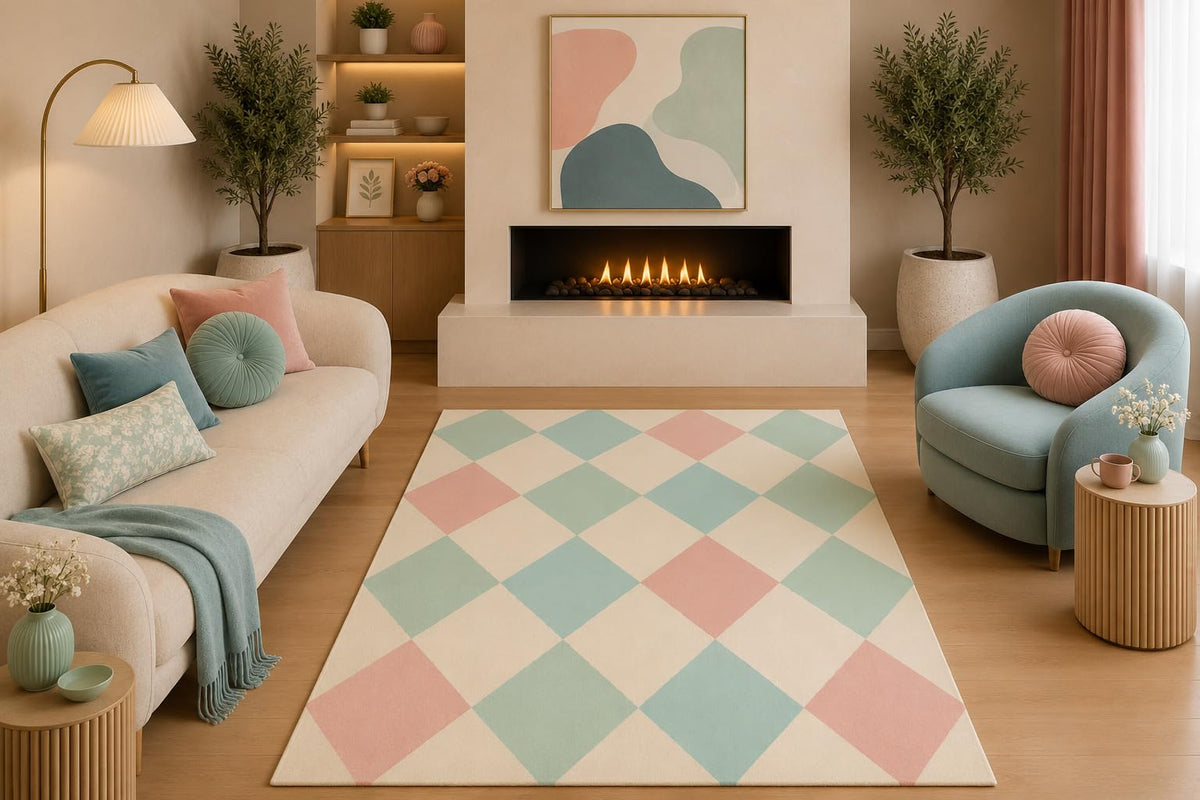 ICE ARMOR 5' x 7' Pastel Argyle Area Rug Modern Geometric Diamond Pattern Pink Blue Sage Cream for Living Room Bedroom Nursery Playroom Non-Slip Silicone Backing Low Pile
