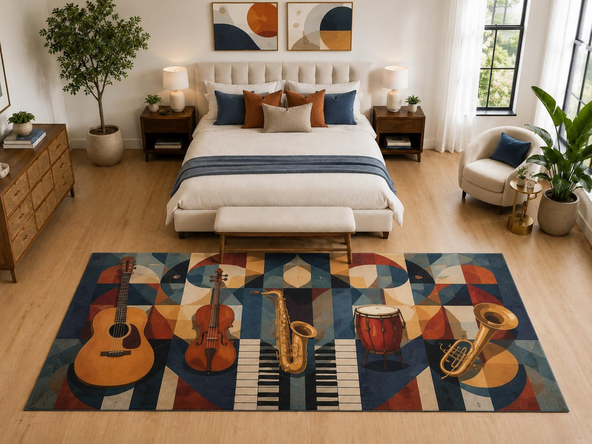 ICE ARMOR "Ultra Light Weight Large 6'7" x 9'10" Geometric Music Instrument Rug, Soft Low Pile Indoor Rug, Non-Slip Silicone Backing for Bedroom Blue