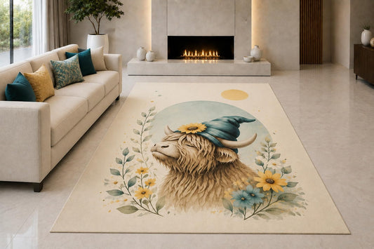 ICE ARMOR "Ultra Light Weight 5' x 7' Floral Highland Cow Area Rug for Living Room, Bedroom and Home Office, Soft Low Pile Carpet with Non-Slip Silicone Backing, Cream and Blue