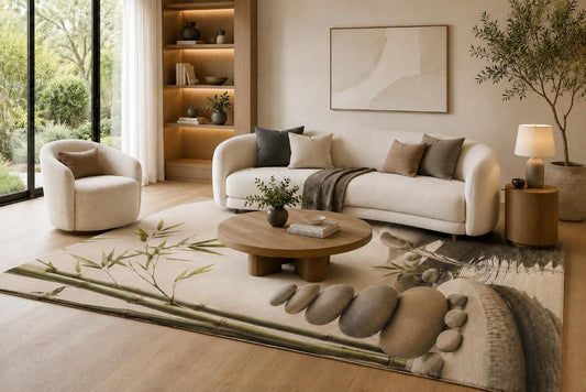 ICE ARMOR 6'7" x 9'10" Cream, Olive and Stone Gray Zen Bamboo Spa Area Rug for Living Room, Soft Low Pile Carpet with Non-Slip Backing for Bedroom, Meditation Room and Home Office