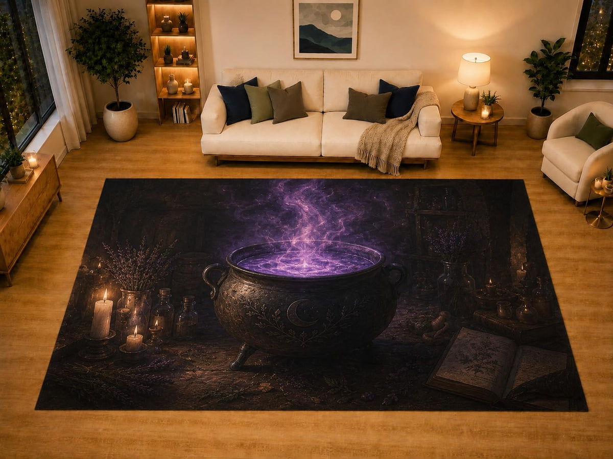 ICE ARMOR "Ultra Light Weight Large 6'7" x 9'10" Purple Witch Cauldron Area Rug for Living Room Bedroom, Soft Low Pile Non-Slip Backing, Black Purple Magic Potion Gothic Decor
