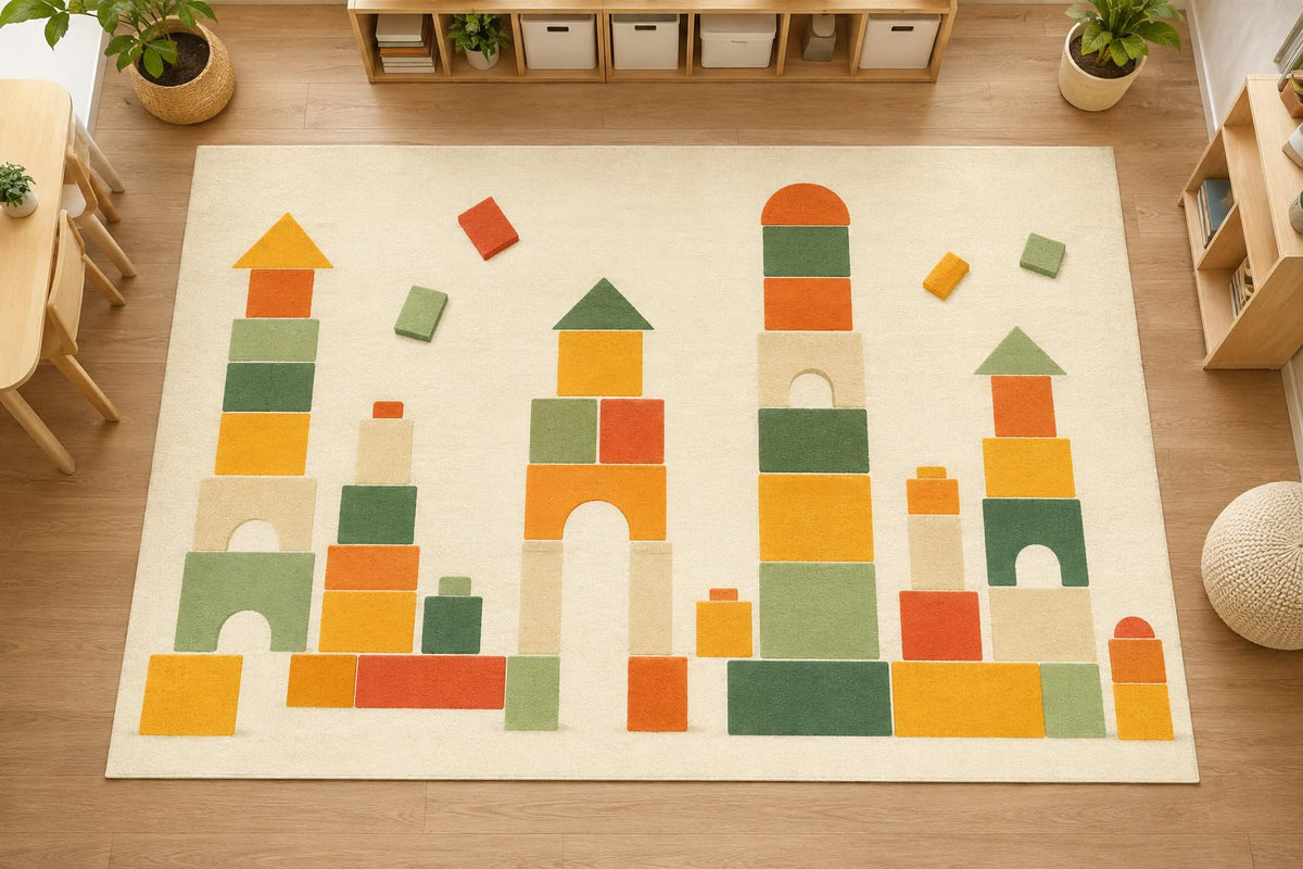 ICE ARMOR Large 6'7" x 9'10" Building Blocks Kids Area Rug, Soft Low Pile Indoor Rug with Non-Slip Silicone Backing for Nursery, Kids Room, Ivory