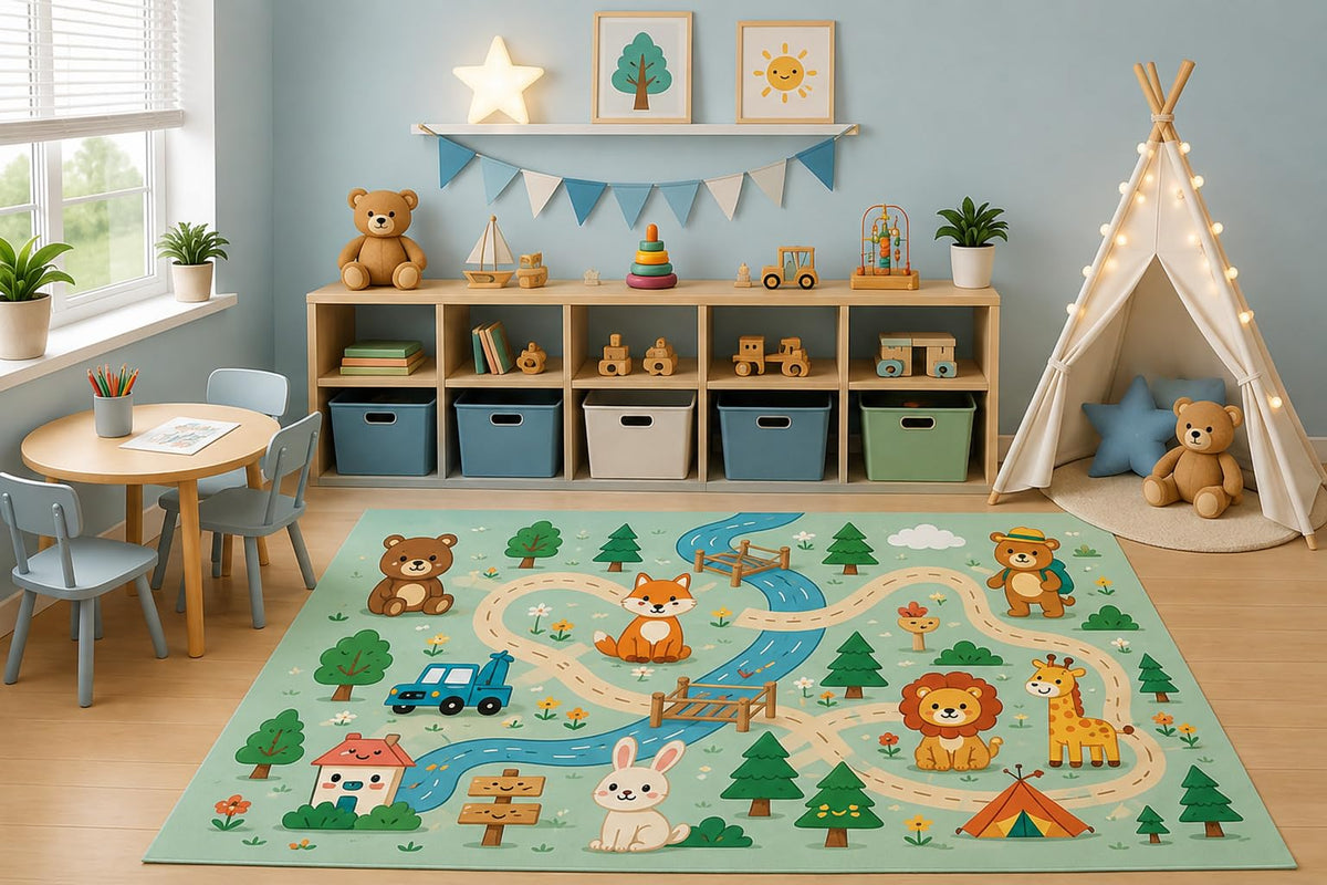 ICE ARMOR 5' x 7' Woodland Animal Adventure Area Rug for Kids Playroom Nursery Bedroom, Forest Fox Bear Lion Giraffe Bunny Road Map Cartoon Carpet, Non-Slip Silicone Backing Low Pile