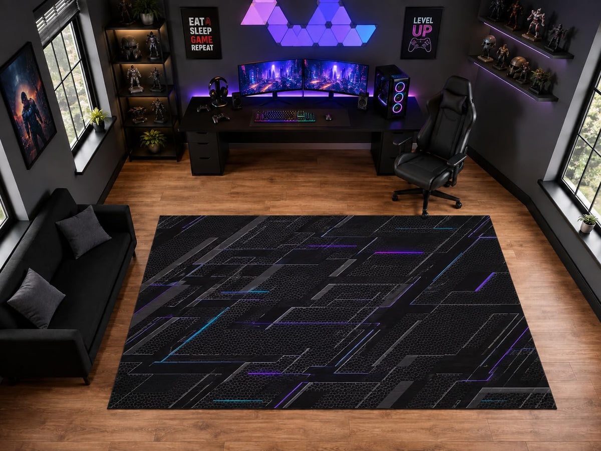 ICE ARMOR "Ultra Light Weight Large 6'7" x 9'10" Futuristic Tech Grid Pattern Area Rug for Playroom Decor, Soft Low Pile Indoor Rug with Non-Slip Silicone Backing, Black Purple Blue