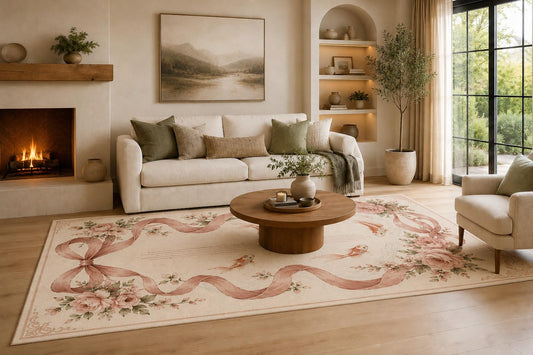 ICE ARMOR Large 6'7" x 9'10" Blush Pink and Cream Rose Garland Koi Area Rug for Living Room, Soft Low Pile Carpet with Non-Slip Silicone Backing, Decor for Bedroom, Dining Area and Home Office